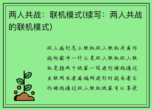 两人共战：联机模式(续写：两人共战的联机模式)
